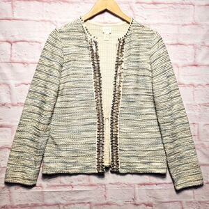 Chicos Sweater Jacket Womens Medium White Blue Sequin Trim Costal Chic Cardigan
